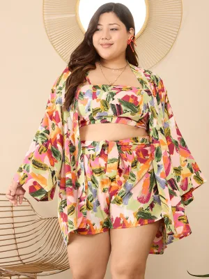 Berrylush Curve Women Pink Printed Shoulder Straps Crop Top and Longline Shrug With Mini Shorts