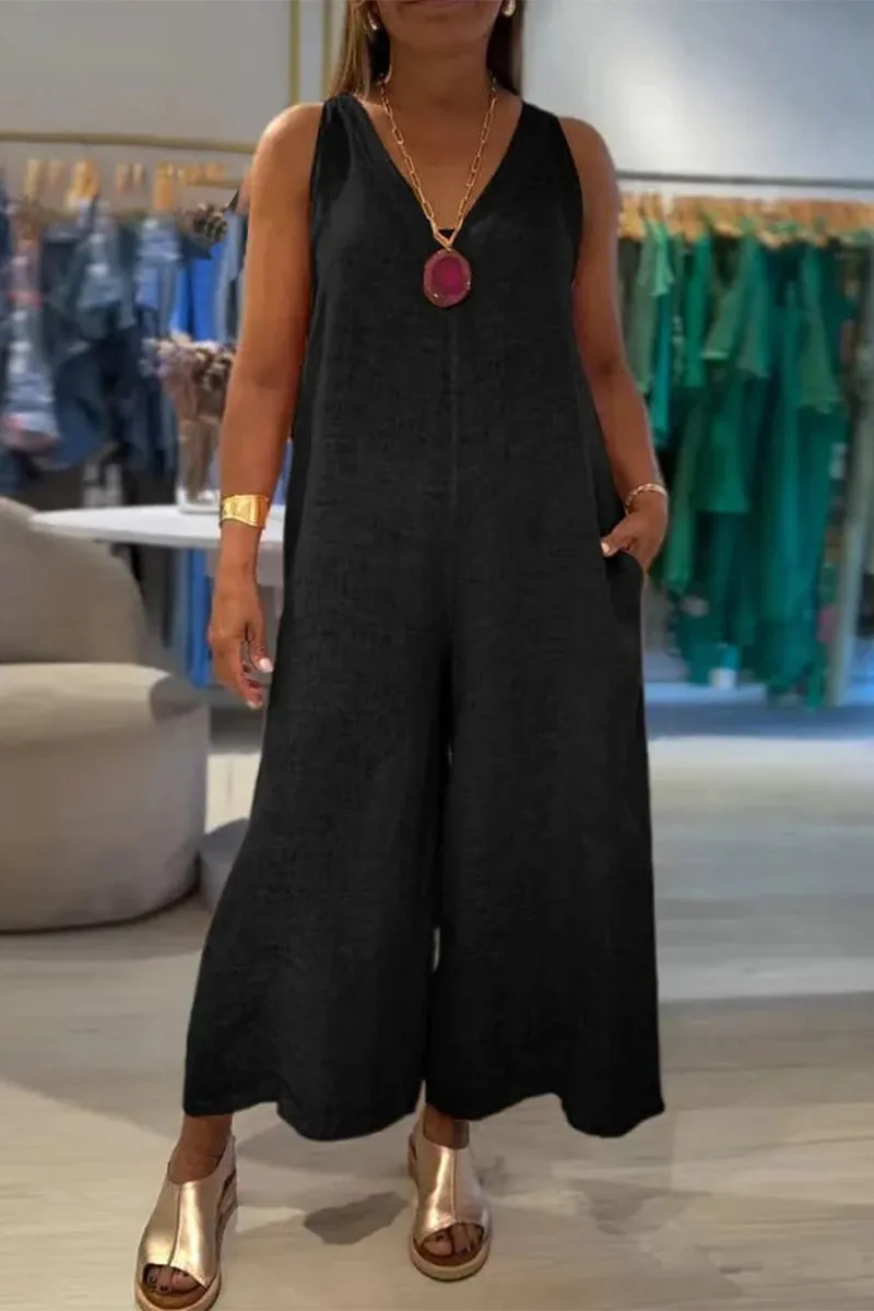 Casual Distressed Pocket V Neck Loose Jumpsuits(4 Colors)