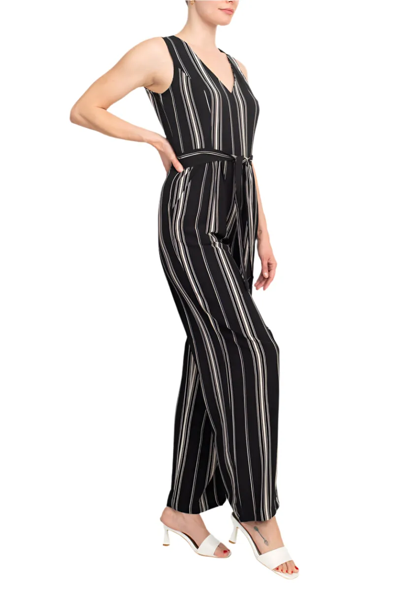 Emma Michele V-Neck Sleeveless Tie Waist Pockets Zipper Back Crepe Jumpsuit