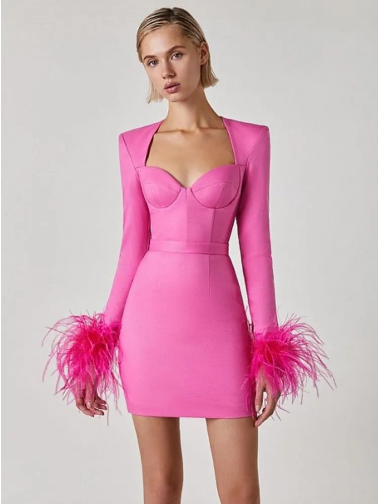 Feathers Hot Pink Bodycon Bandage Dress