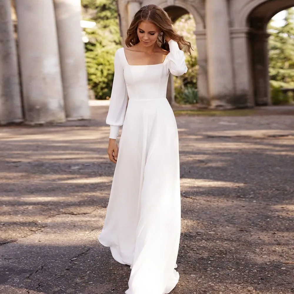 Long Sleeves Wedding Dress For Women Neck Bride Dresses A Line Marriage